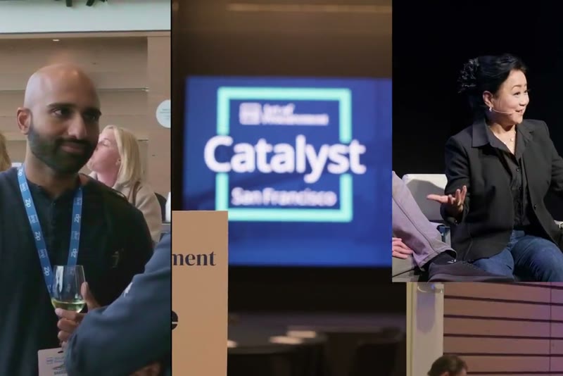 A split-screen edit combining attendees, the Catalyst sign and a speaker (edit by Kyle, footage by Jack Simpson Photography)